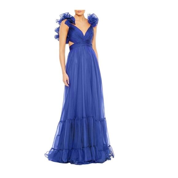 Mac Duggal 67911 Royal Blue Chiffon Cutout Ruffled Empire Waist Dress Size 12 - Picture 2 of 12